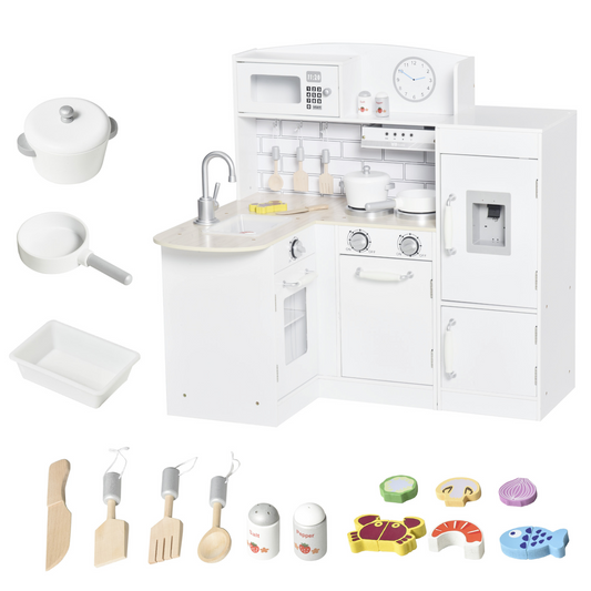 HOMCOM Kids Play Kitchen Wooden Toy Kitchen Cooking Set for Children with Drinking Fountain, Microwave, and Fridge White -  - Just £129.99! Shop now at PJF stores LTD