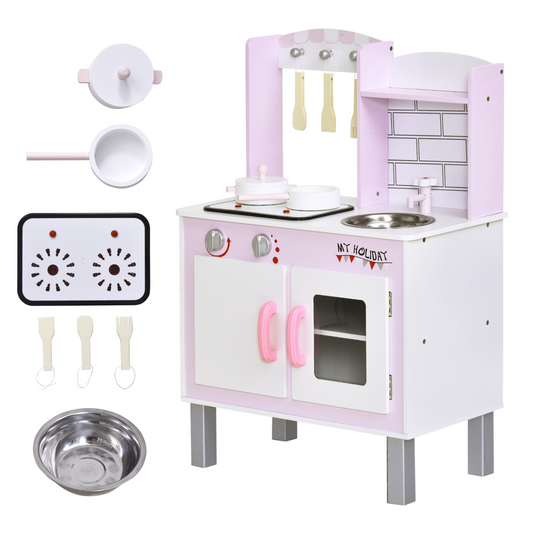HOMCOM Kids Kitchen Play Set Wooden Pretend Play Toy w/ Sounds Utensils Pans Storage Child Role Play Accessories for 3 Years+ Pink -  - Just £79.99! Shop now at PJF stores LTD