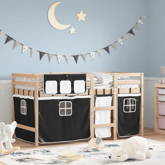 Kids' Loft Bed with Curtains White&Black 90x190 cm Solid Wood Pine - Beds & Bed Frames - Just £146.61! Shop now at PJF stores LTD