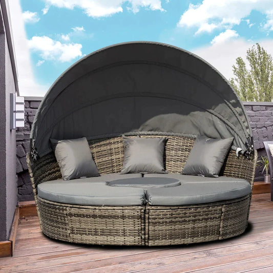 Outsunny Outdoor Rattan Garden Furniture Round Daybed with Retractable Canopy, Coffee Table and Three Pillows, Dark Grey -  - Just £356.99! Shop now at PJF stores LTD