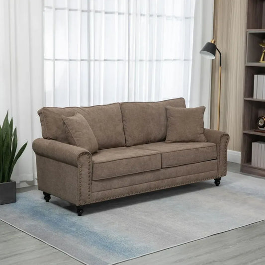 2 Seater Sofas Fabric Sofa with Nailhead Trim Cushions and Throw Pillows Brown -  - Just £309.99! Shop now at PJF stores LTD
