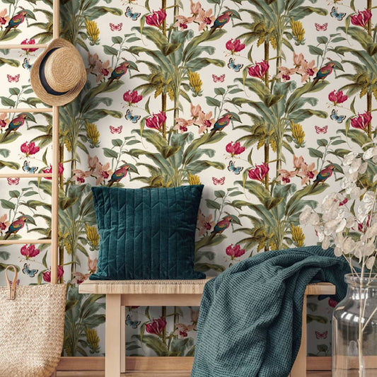 DUTCH WALLCOVERINGS Wallpaper Tropical Palm Green and Pink - Wallpaper - Just £24.99! Shop now at PJF stores LTD