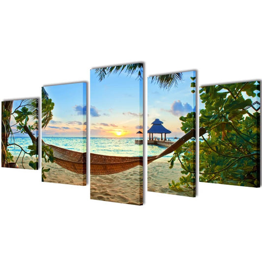 Canvas Wall Print Set Sand Beach with Hammock 200 x 100 cm - Posters, Prints & Visual Artwork - Just £45.99! Shop now at PJF stores LTD