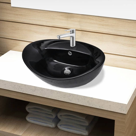 Ceramic Bathroom Sink Basin Faucet/Overflow Hole Black Oval - Bathroom Basins - Just £81.16! Shop now at PJF stores LTD
