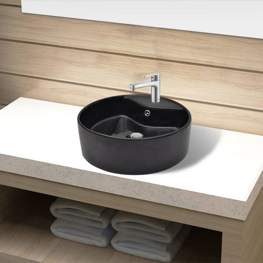 Ceramic Bathroom Sink Basin Faucet/Overflow Hole Black Round - Bathroom Basins - Just £61.22! Shop now at PJF stores LTD