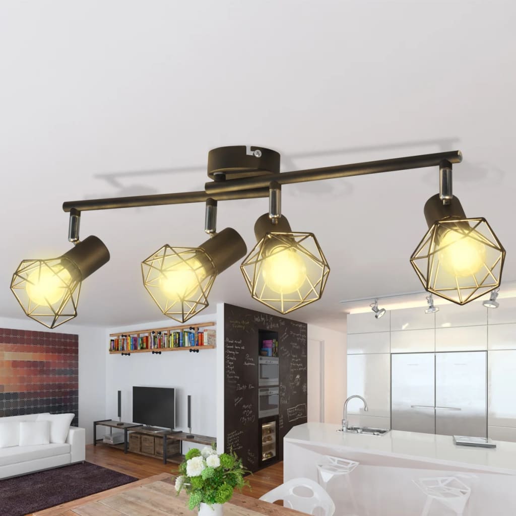 Black Industrial Style Wire Frame Spot Light with 4 LED Filament Bulbs - Ceiling Light Fixtures - Just £54.40! Shop now at PJF stores LTD