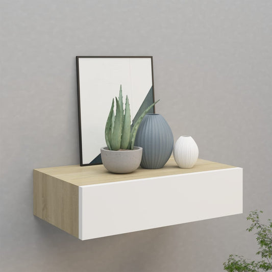 vidaXL Wall-mounted Drawer Shelf Oak and White 40x23.5x10cm MDF - Wall Shelves & Ledges - Just £33.23! Shop now at PJF stores LTD