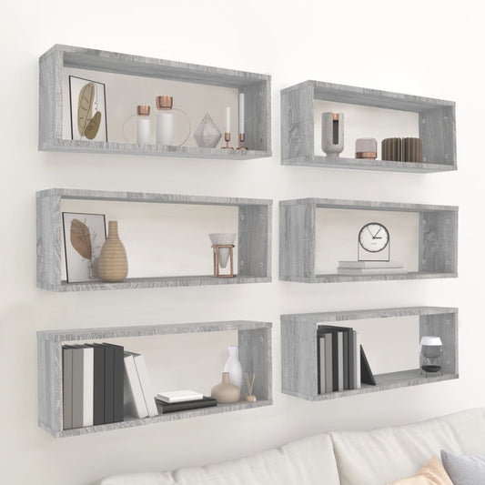 vidaXL Wall Cube Shelves 6 pcs Grey Sonoma 60x15x23 cm Engineered Wood - Wall Shelves & Ledges - Just £48.62! Shop now at PJF stores LTD