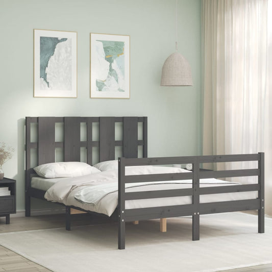 vidaXL Bed Frame with Headboard Grey 140x200 cm Solid Wood - Beds & Bed Frames - Just £146.78! Shop now at PJF stores LTD