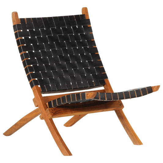 vidaXL Folding Relaxing Chair Black Real Leather - Folding Chairs & Stools - Just £134! Shop now at PJF stores LTD