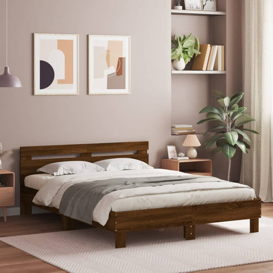 vidaXL Bed Frame with Headboard Brown Oak 140x200 cm Engineered Wood - Beds & Bed Frames - Just £125.99! Shop now at PJF stores LTD