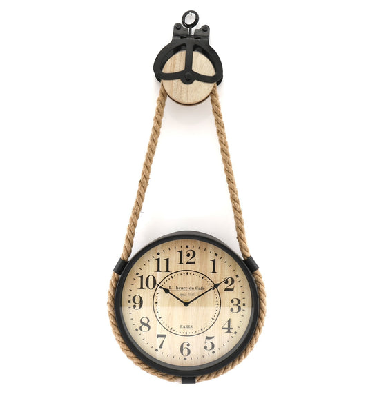 Industrial Hanging Rope Round Black Metal Clock -  - Just £42.99! Shop now at PJF stores LTD